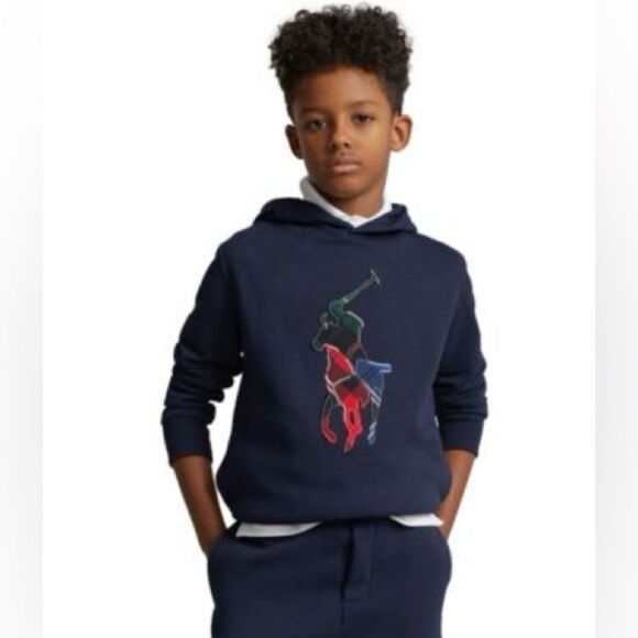 Polo Ralph Lauren boys plaid big pony fleece hoodie‎ size S (8) Navy NWT in pkg - Picture 1 of 7